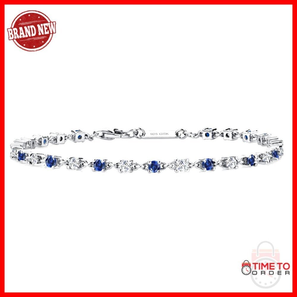 Sterling Silver Tennis Bracelet with Sapphire and Moissanite Stones, 7 Inch